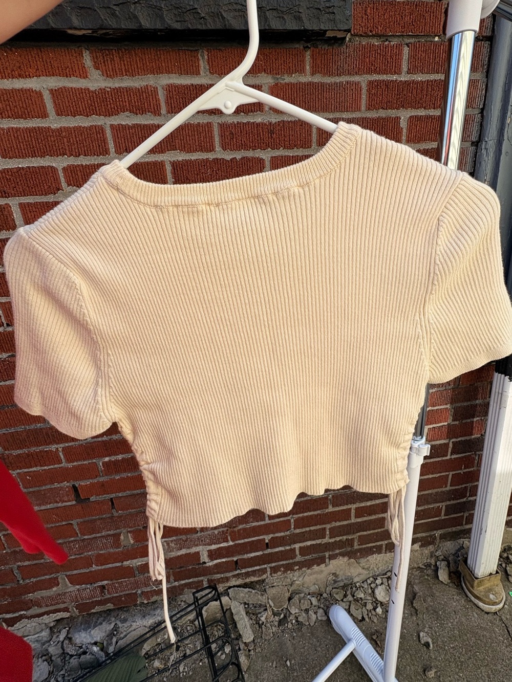 Zara Cream Ribbed Knit Cropped Top with Tie Sides